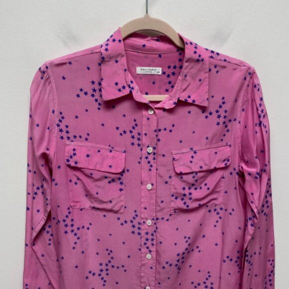 Equipment Femme Women Pink Blue Star Print Slim Signature Silk Button Up Shirt S - Picture 2 of 7